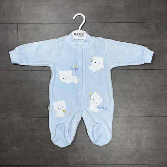 Grenouillère bébé en velours bleu motif ourson
