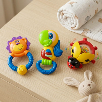 Set de Hochets Bébé Colorés – Lion, Oiseau & Abeille | Jouets Éducatifs 3M+