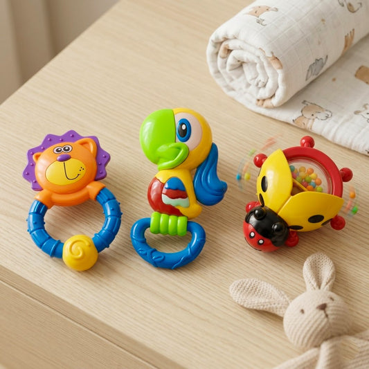 Set de Hochets Bébé Colorés – Lion, Oiseau & Abeille | Jouets Éducatifs 3M+