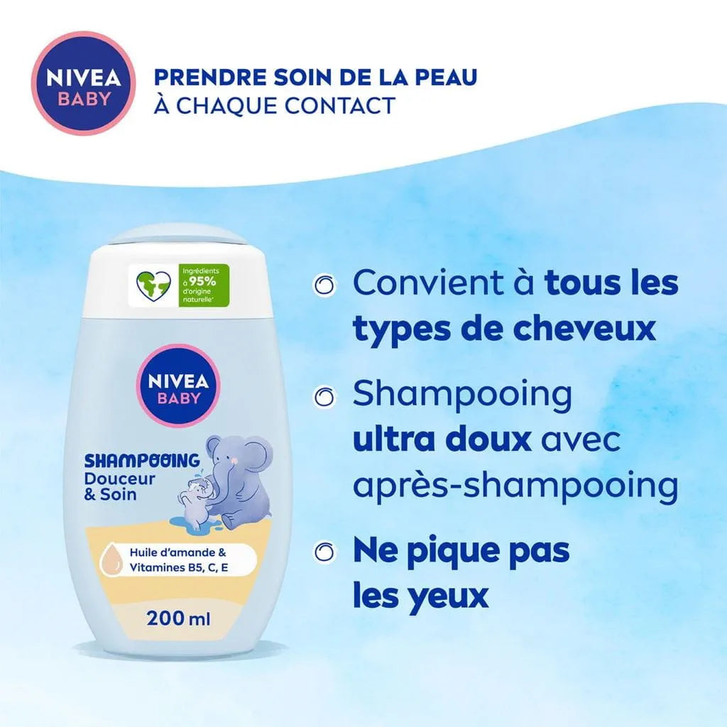 NIVEA – Baby Shampooing Douceur & Soin à l’Huile d’Amande & Vitamines B5, C, E – Sans Larmes