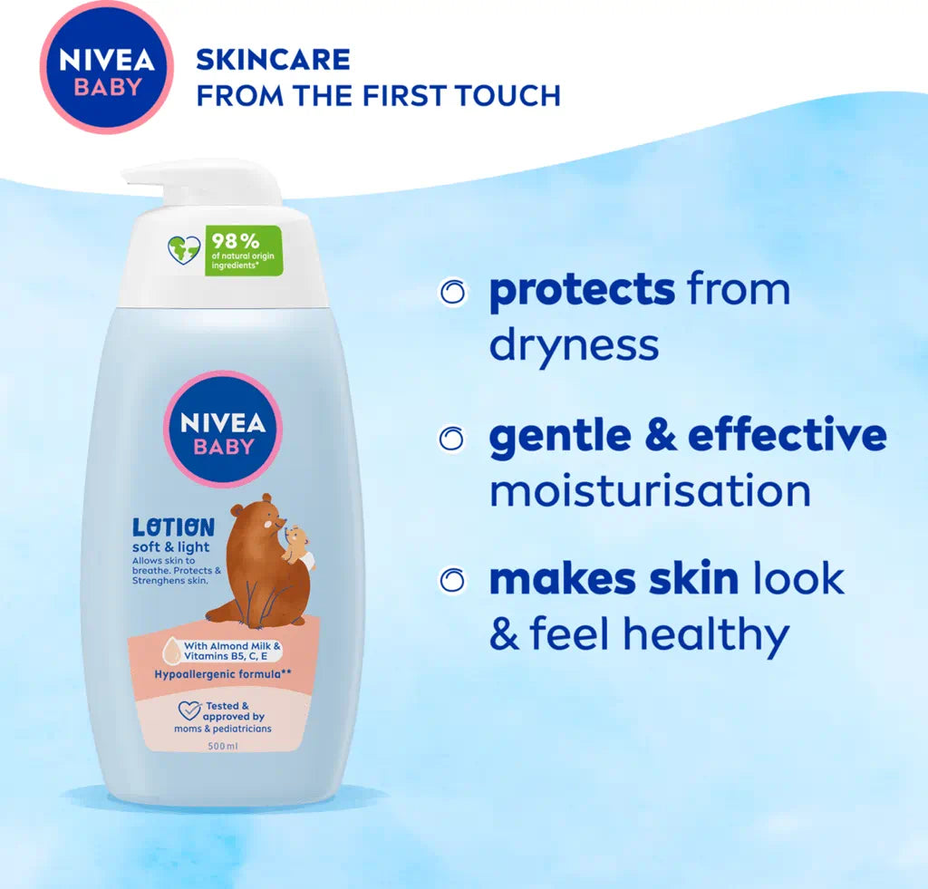NIVEA – Baby Soft & Light Lotion à l’Amande & Vitamines B5, C, E – Hydratation Douce & Protection Quotidienne
