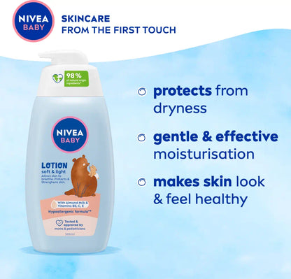 NIVEA – Baby Soft & Light Lotion à l’Amande & Vitamines B5, C, E – Hydratation Douce & Protection Quotidienne