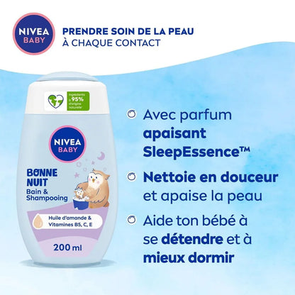NIVEA – Baby Bain & Shampooing Bonne Nuit à l’Huile d’Amande & Vitamines B5, C, E – Formule Relaxante SleepEssence™