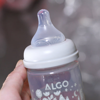 ALGO – Set de biberons en plastique anti-colique et sucette en silicone avec attache