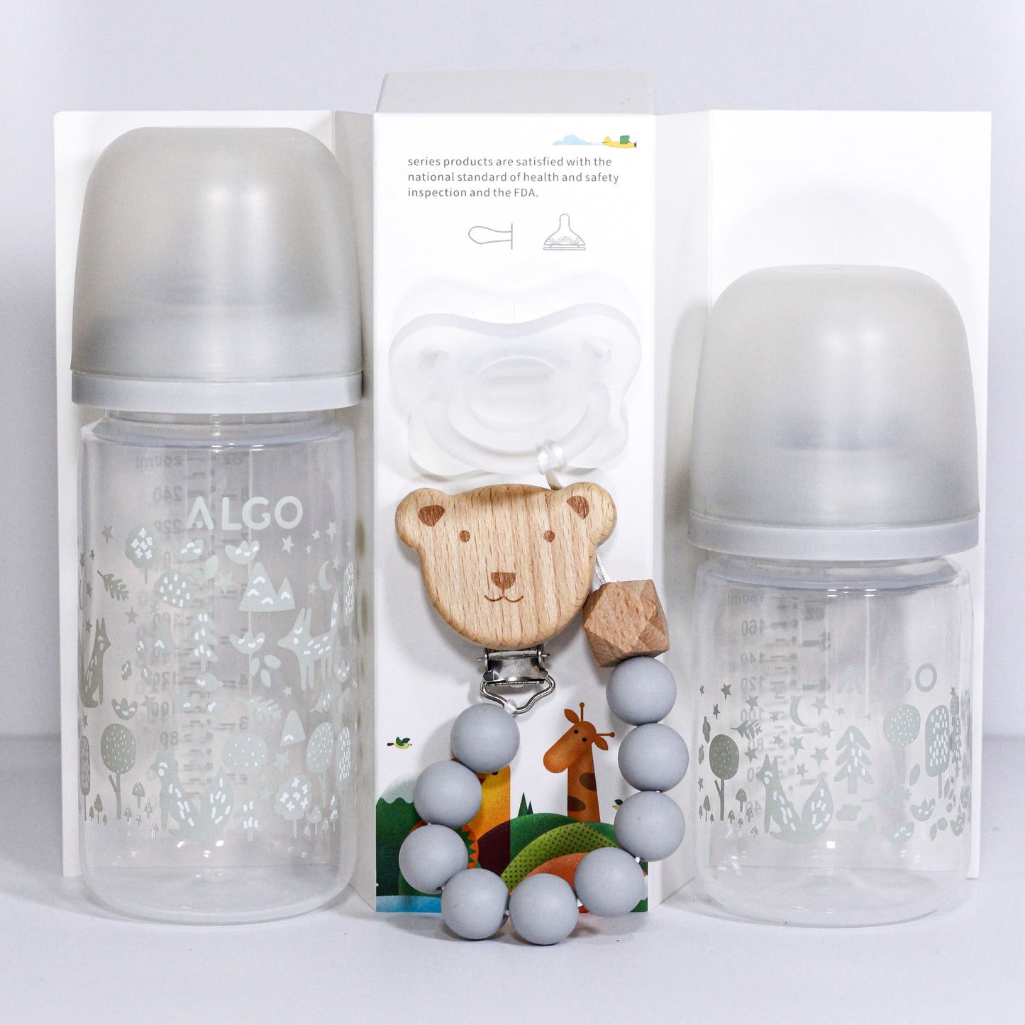 ALGO – Set de biberons en plastique anti-colique et sucette en silicone avec attache
