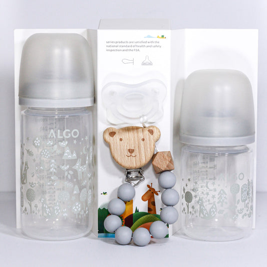 ALGO – Set de biberons en plastique anti-colique et sucette en silicone avec attache