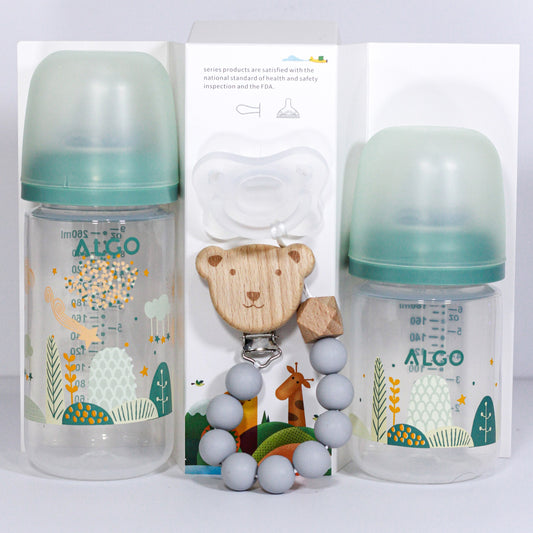 ALGO – Set de biberons en plastique anti-colique et sucette en silicone avec attache