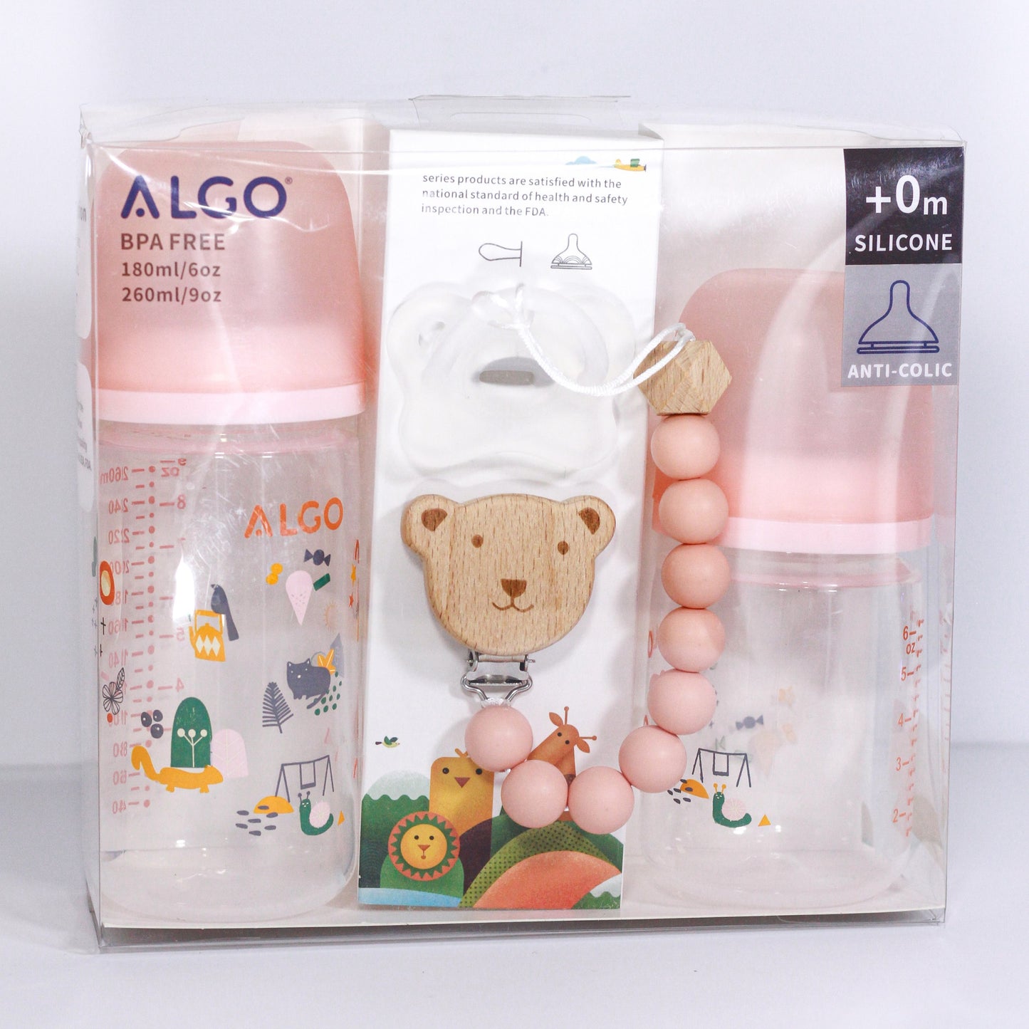 ALGO – Set de biberons en plastique anti-colique et sucette en silicone avec attache