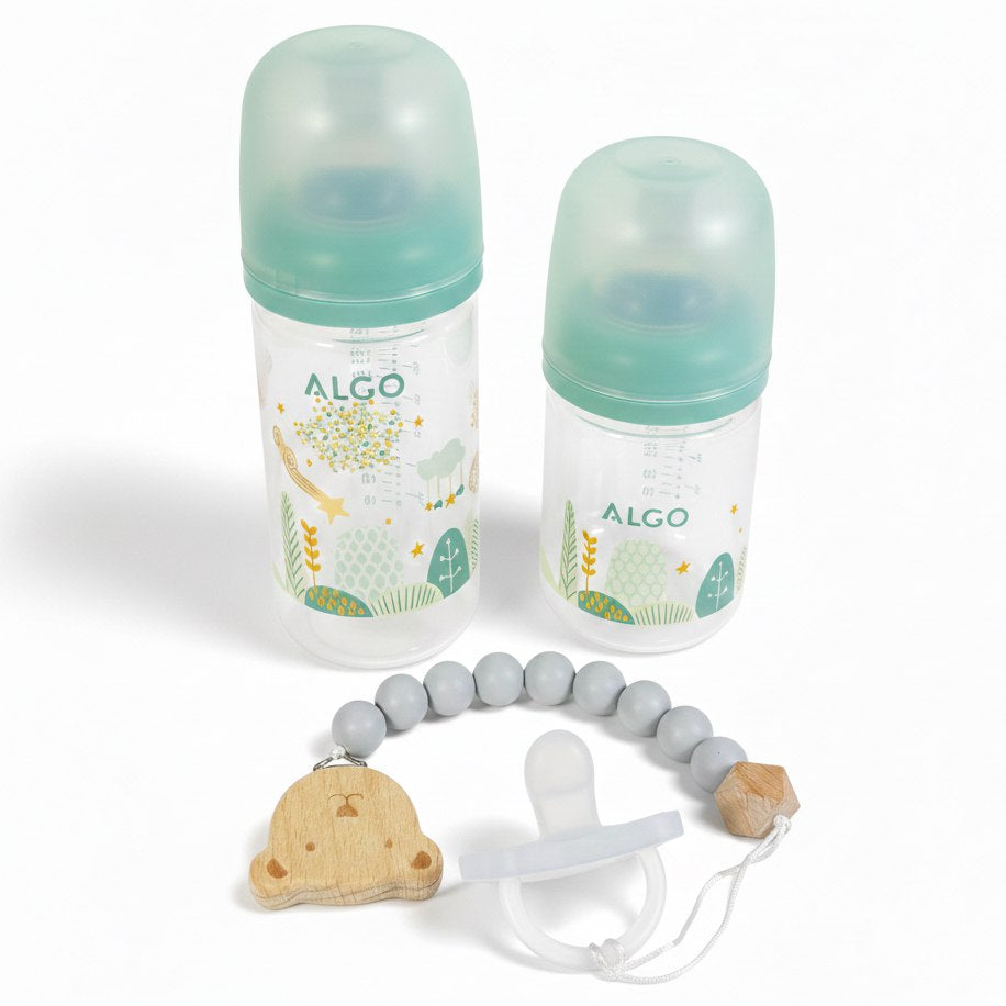 ALGO – Set de biberons en plastique anti-colique et sucette en silicone avec attache