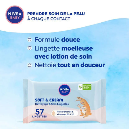 NIVEA – Baby Lingettes Soft & Cream Nettoyantes Douces à l’Huile d’Amande & Vitamines B5, C, E – 57 unités