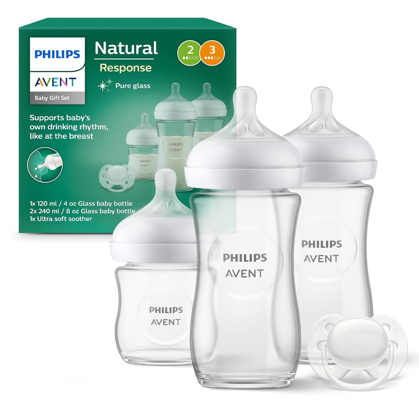 Philips Avent - Coffret Biberons en Verre  Natural Response – Pure Glass (120ml + 2x240ml) + Sucette ultra douce