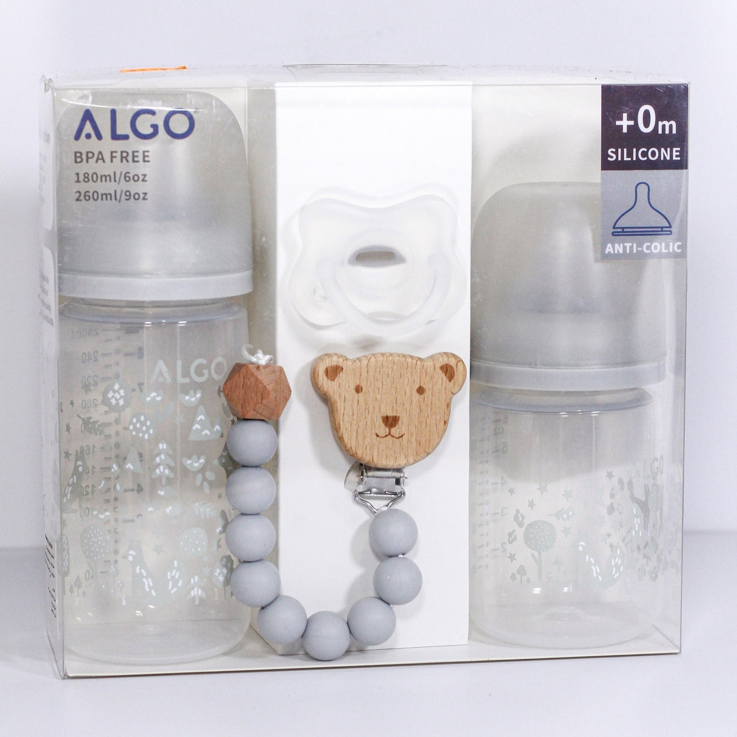 ALGO – Set de biberons en plastique anti-colique et sucette en silicone avec attache
