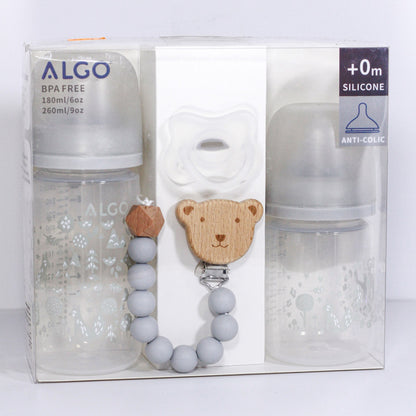 ALGO – Set de biberons en plastique anti-colique et sucette en silicone avec attache