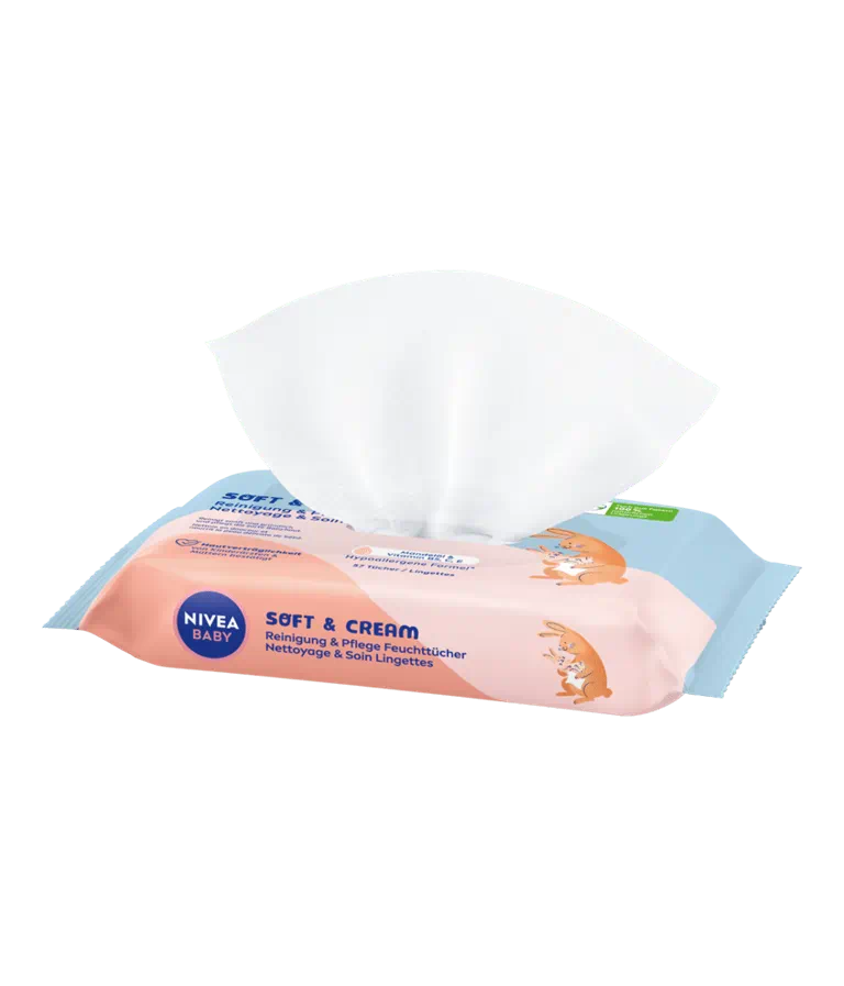 NIVEA – Baby Lingettes Soft & Cream Nettoyantes Douces à l’Huile d’Amande & Vitamines B5, C, E – 57 unités