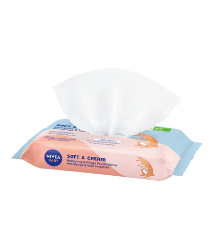 NIVEA – Baby Lingettes Soft & Cream Nettoyantes Douces à l’Huile d’Amande & Vitamines B5, C, E – 57 unités