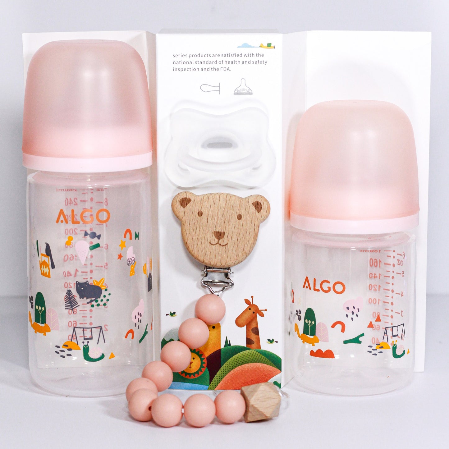 ALGO – Set de biberons en plastique anti-colique et sucette en silicone avec attache
