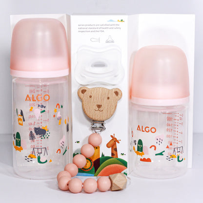 ALGO – Set de biberons en plastique anti-colique et sucette en silicone avec attache