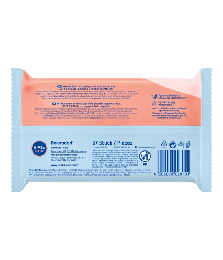 NIVEA – Baby Lingettes Soft & Cream Nettoyantes Douces à l’Huile d’Amande & Vitamines B5, C, E – 57 unités