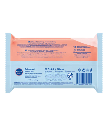 NIVEA – Baby Lingettes Soft & Cream Nettoyantes Douces à l’Huile d’Amande & Vitamines B5, C, E – 57 unités