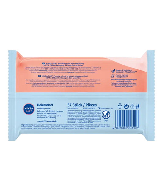 NIVEA – Baby Lingettes Soft & Cream Nettoyantes Douces à l’Huile d’Amande & Vitamines B5, C, E – 57 unités