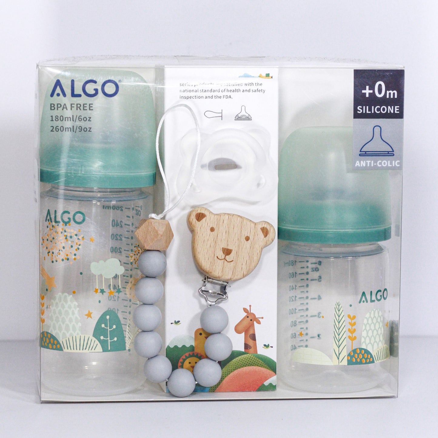 ALGO – Set de biberons en plastique anti-colique et sucette en silicone avec attache