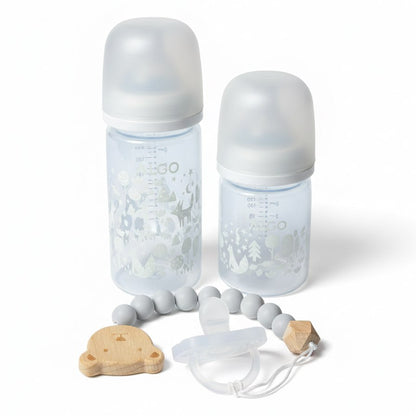 ALGO – Set de biberons en plastique anti-colique et sucette en silicone avec attache