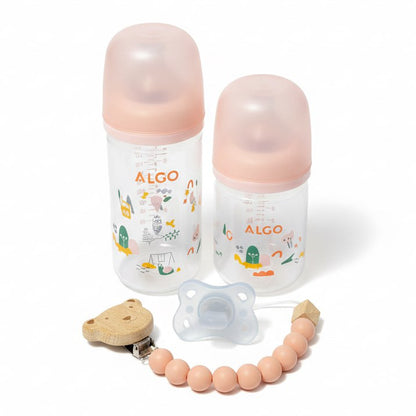 ALGO – Set de biberons en plastique anti-colique et sucette en silicone avec attache