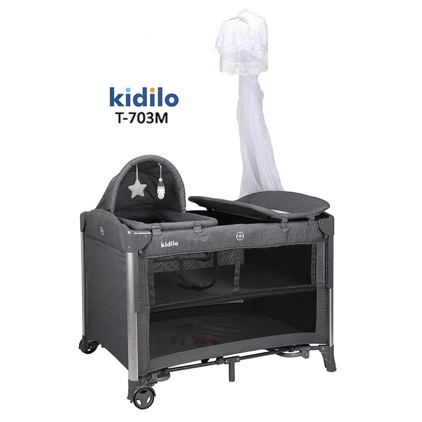 Kidilo – Lit bébé multifonction + parc de jeu + table à langer 5 en 1 – Modèle T-703M