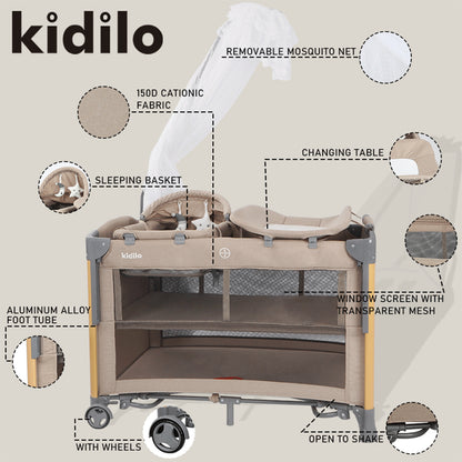 Kidilo – Lit bébé multifonction + parc de jeu + table à langer 5 en 1 – Modèle T-703M