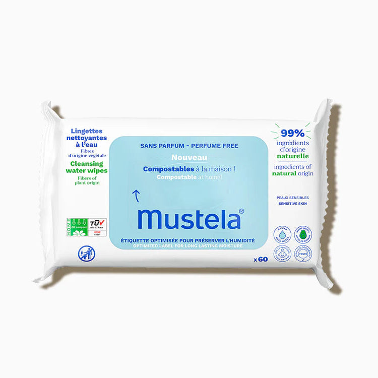 Mustela – Lingettes nettoyantes à l'eau compostables x 60 pieces