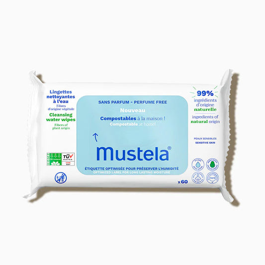 Mustela – Lingettes nettoyantes à l'eau compostables x 60 pieces