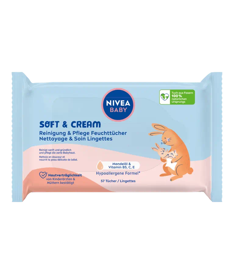 NIVEA – Baby Lingettes Soft & Cream Nettoyantes Douces à l’Huile d’Amande & Vitamines B5, C, E – 57 unités