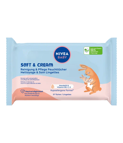 NIVEA – Baby Lingettes Soft & Cream Nettoyantes Douces à l’Huile d’Amande & Vitamines B5, C, E – 57 unités