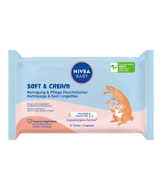 NIVEA – Baby Lingettes Soft & Cream Nettoyantes Douces à l’Huile d’Amande & Vitamines B5, C, E – 57 unités