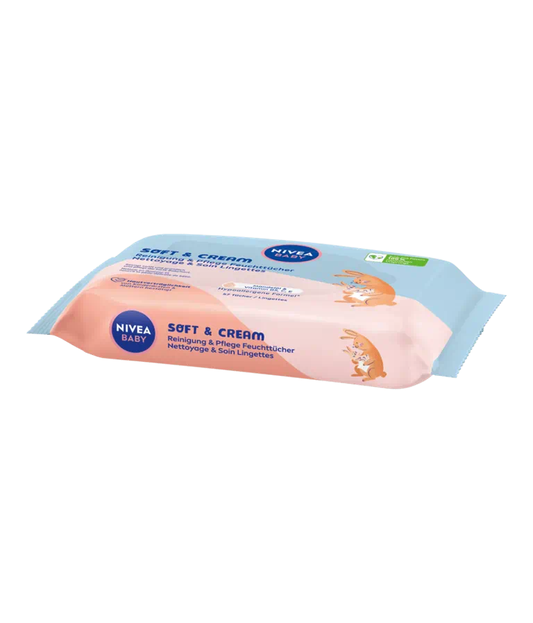 NIVEA – Baby Lingettes Soft & Cream Nettoyantes Douces à l’Huile d’Amande & Vitamines B5, C, E – 57 unités