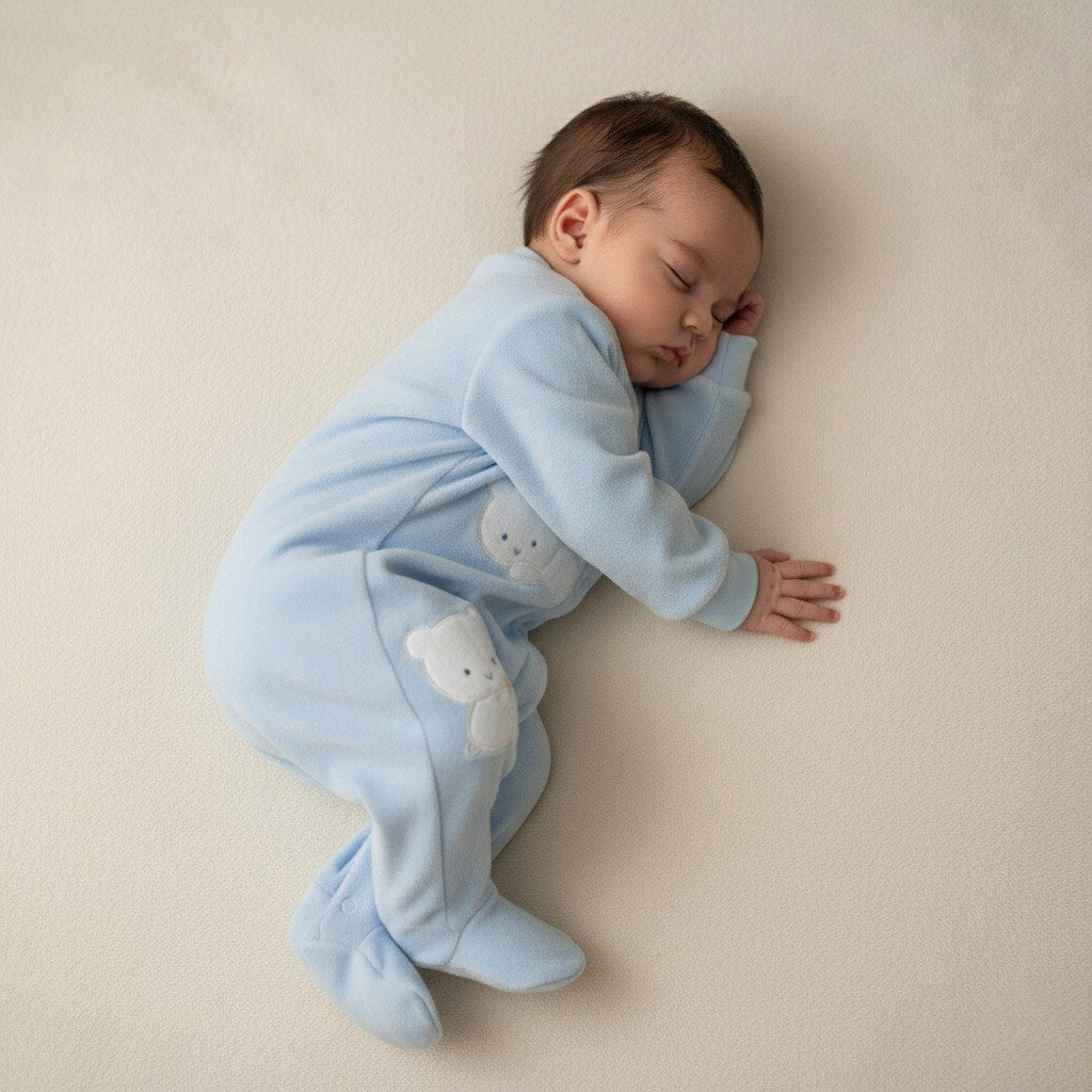 Grenouillère bébé en velours bleu motif ourson