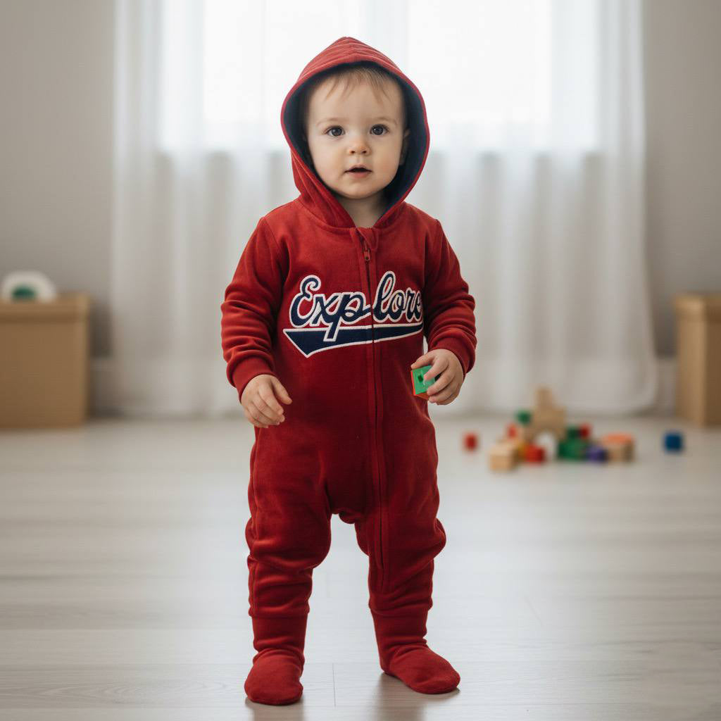 Grenouillère à capuche en velours pour bébé